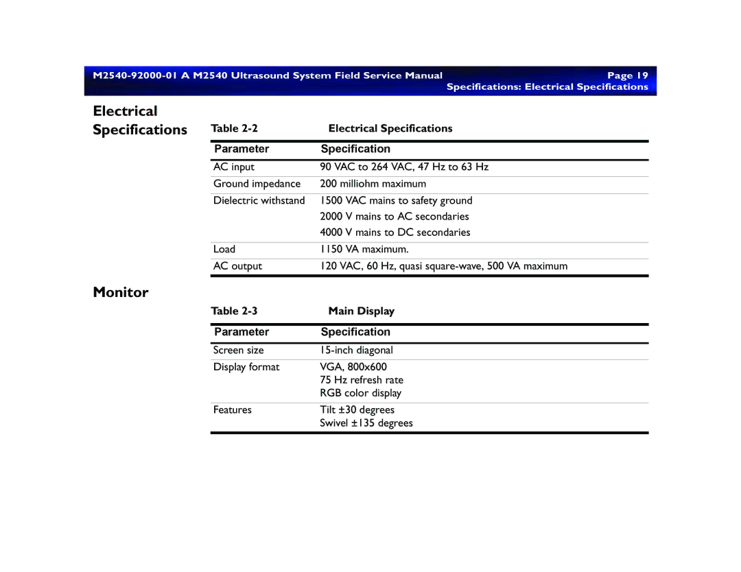 Philips M2540 service manual Monitor, Electrical Specifications, Main Display 