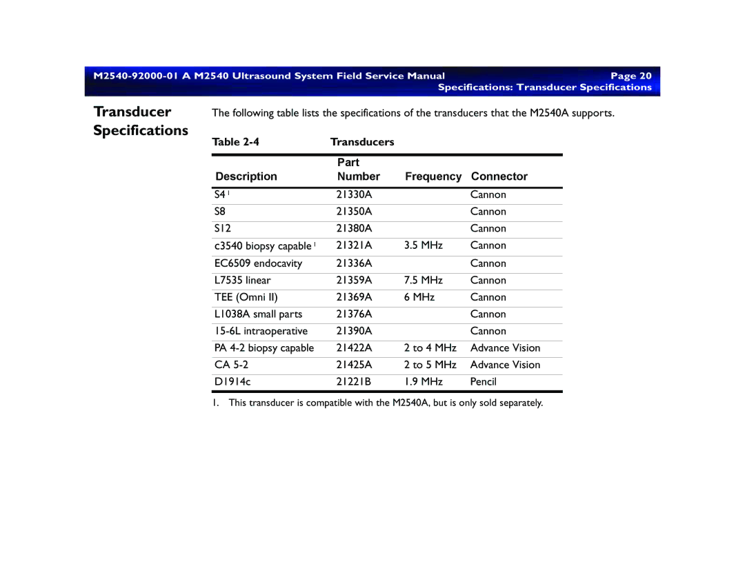 Philips M2540 service manual Transducer Specifications, Transducers Part Description Number Frequency Connector 