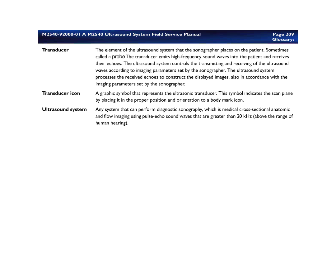 Philips M2540 service manual Transducer icon, Ultrasound system 