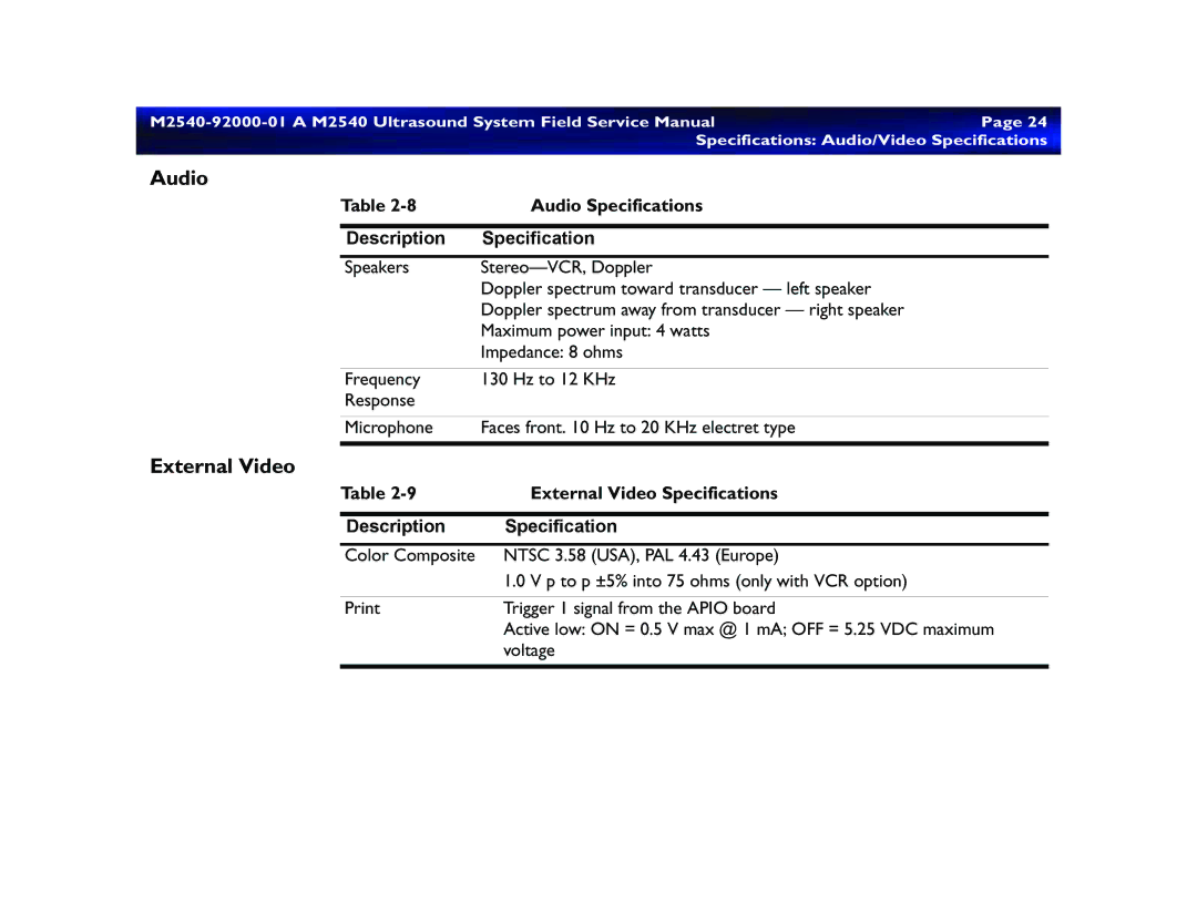 Philips M2540 service manual External Video, Specifications Audio/Video Specifications 