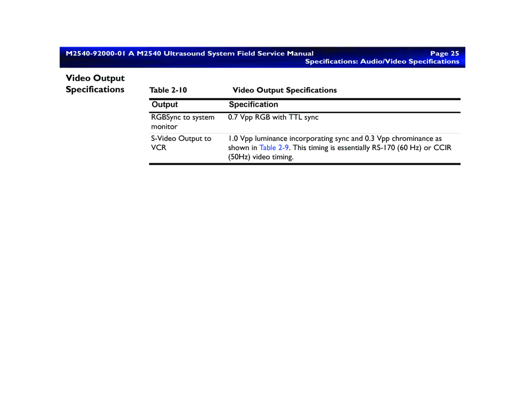 Philips M2540 service manual Video Output Specifications 