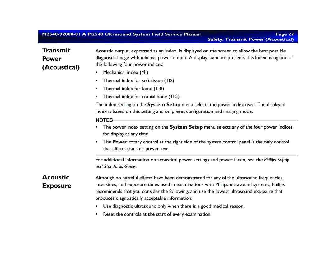 Philips M2540 service manual Acoustic Exposure, Safety Transmit Power Acoustical 