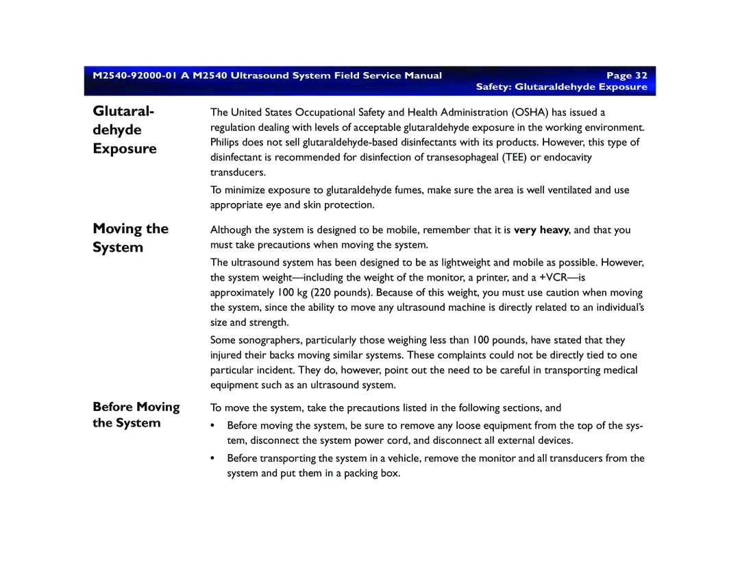 Philips M2540 service manual Glutaral- dehyde Exposure Moving the System, Before Moving the System 