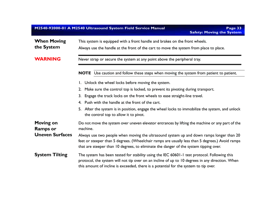 Philips M2540 service manual When Moving, System Tilting, Safety Moving the System 