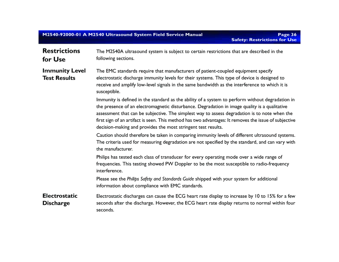 Philips M2540 service manual Restrictions for Use, Immunity Level Test Results Electrostatic Discharge 