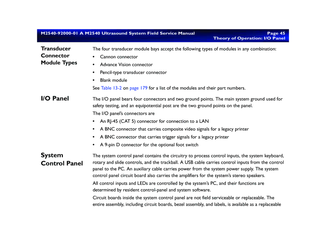 Philips M2540 service manual Panel System Control Panel, Transducer Connector Module Types, Theory of Operation I/O Panel 