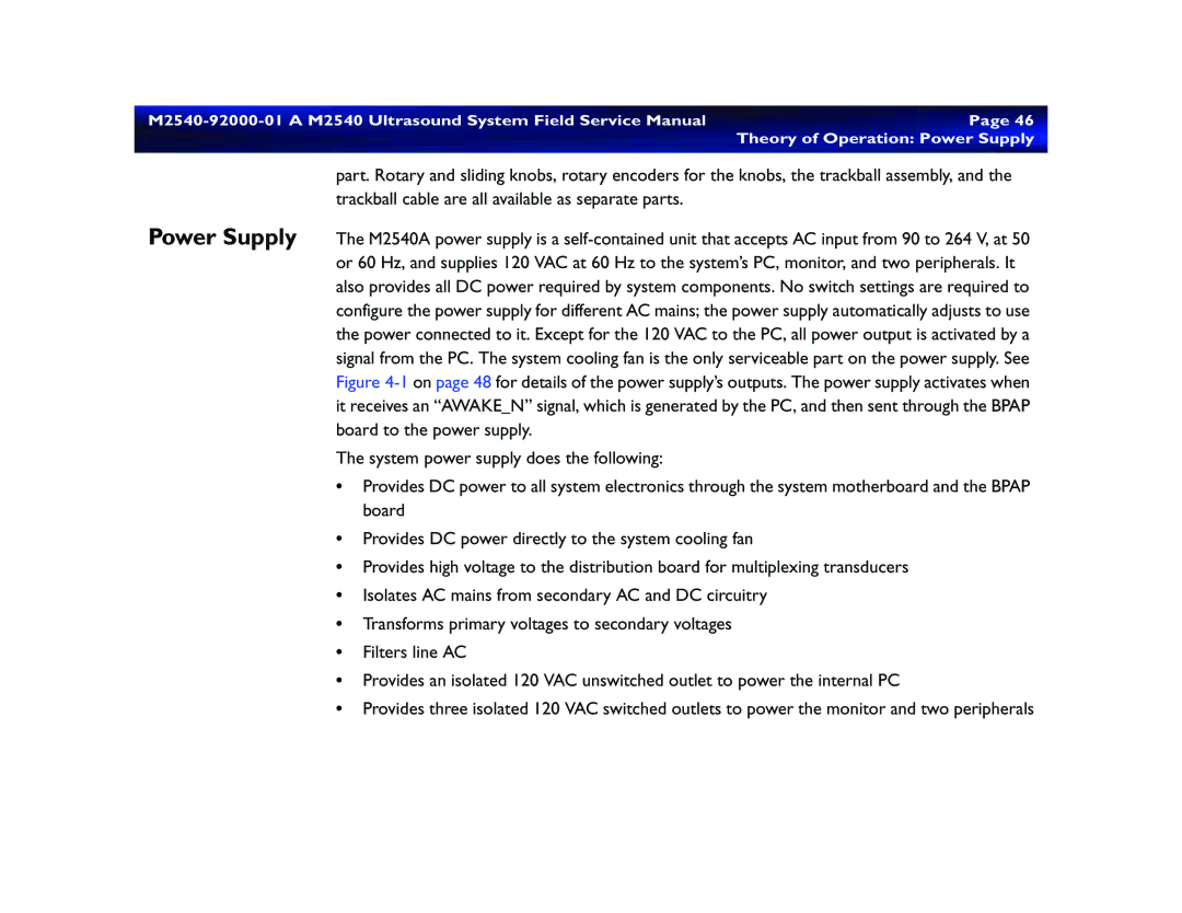 Philips M2540 service manual Theory of Operation Power Supply 