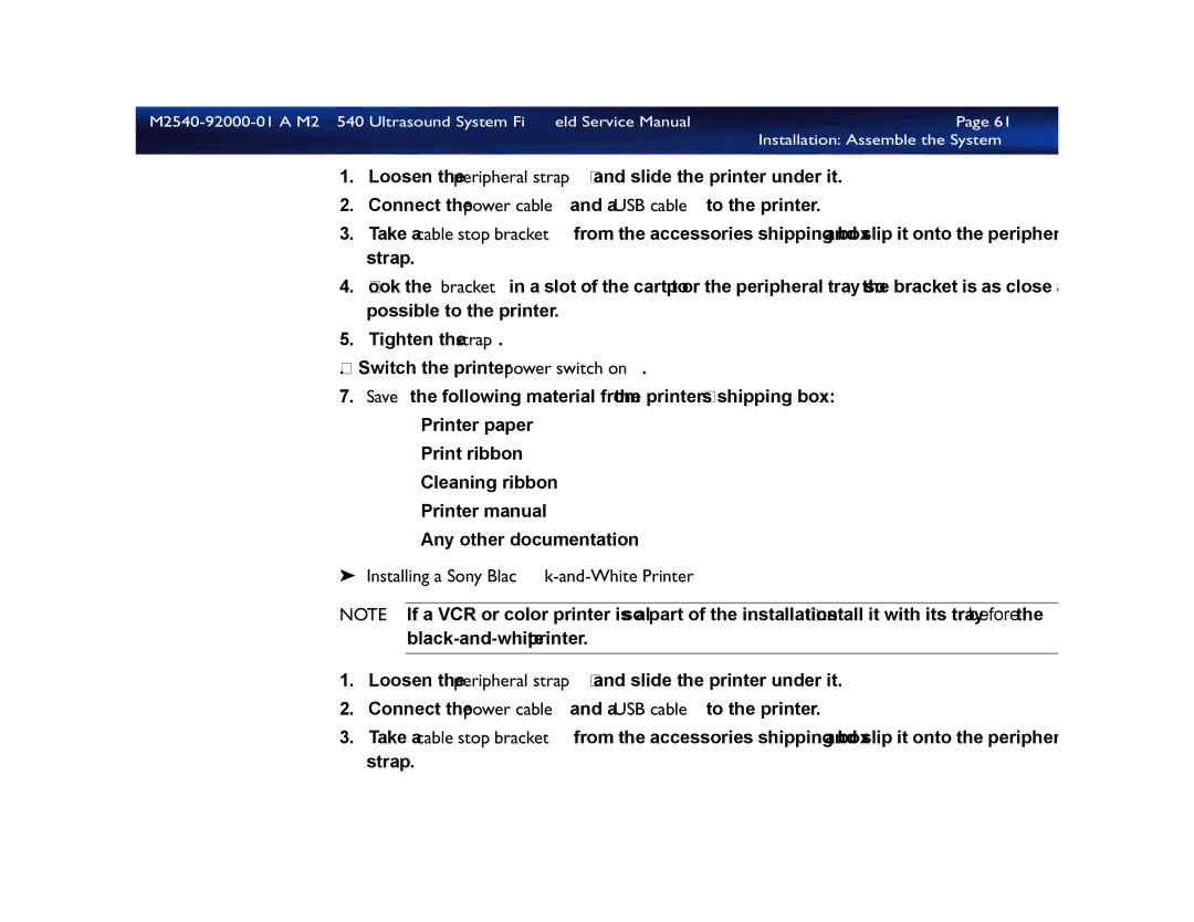 Philips M2540 service manual Installing a Sony Black-and-White Printer 