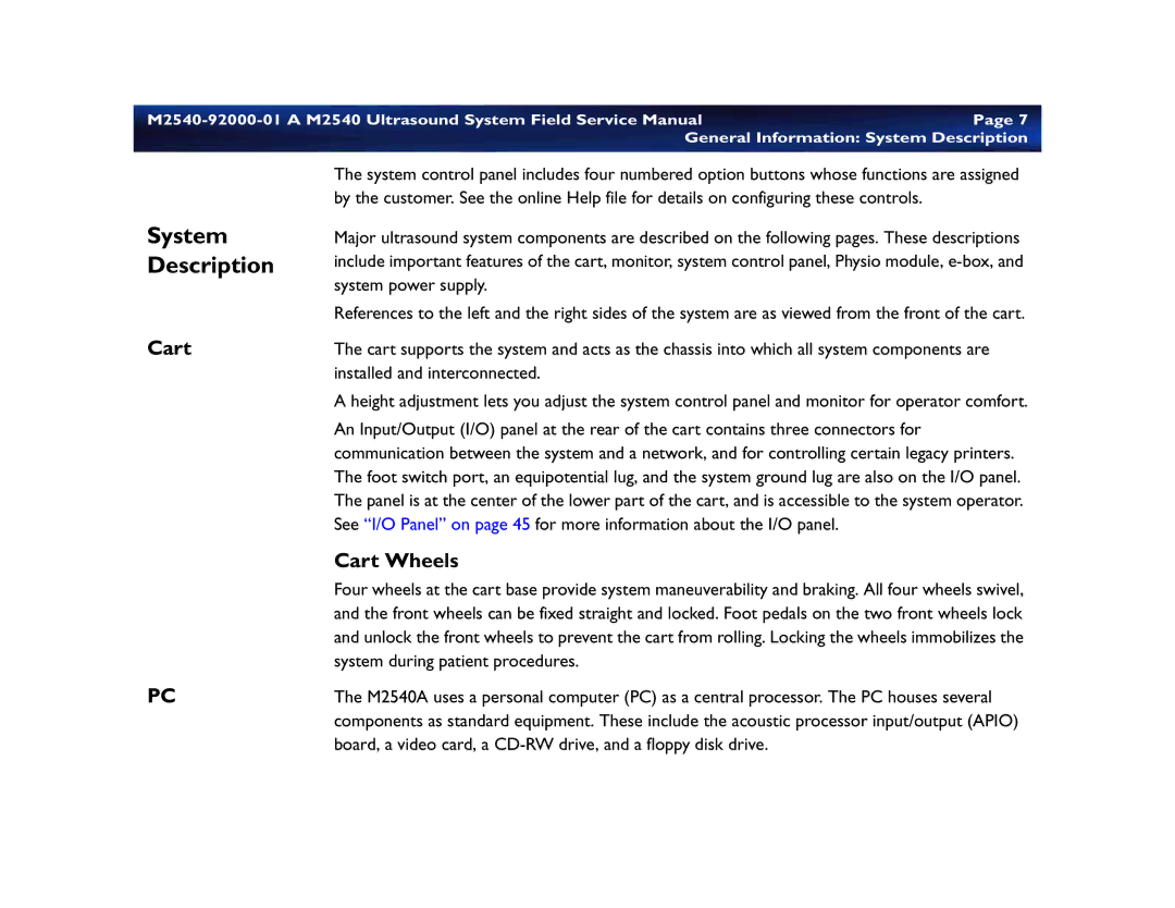 Philips M2540 service manual Cart Wheels, General Information System Description 