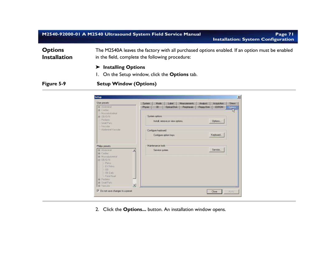 Philips M2540 service manual Options, Installation 