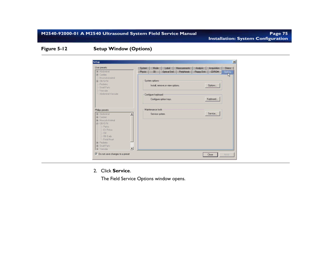 Philips M2540 service manual Setup Window Options 