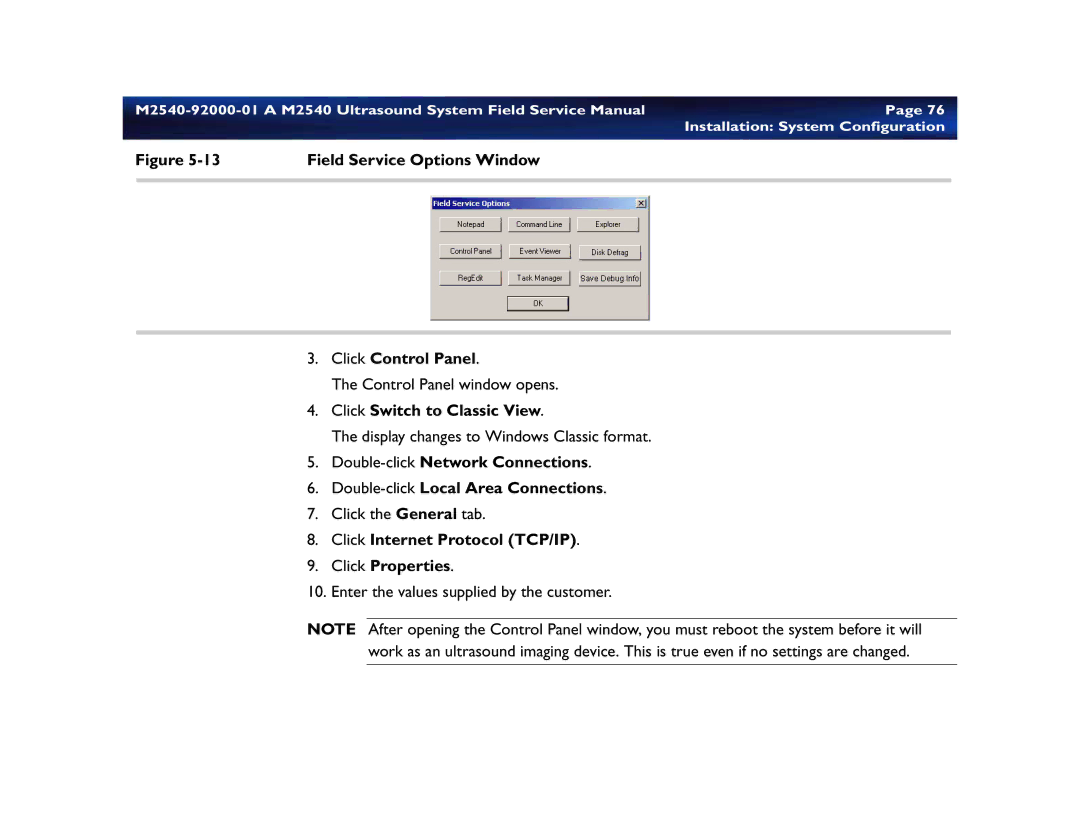 Philips M2540 service manual Field Service Options Window, Click Control Panel, Click Switch to Classic View 