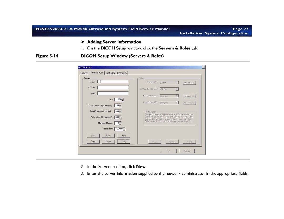 Philips M2540 service manual Adding Server Information, Dicom Setup Window Servers & Roles 