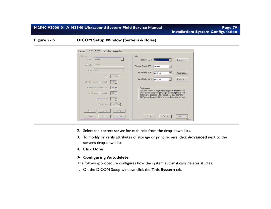 Philips M2540 service manual Dicom Setup Window Servers & Roles, Configuring Autodelete 