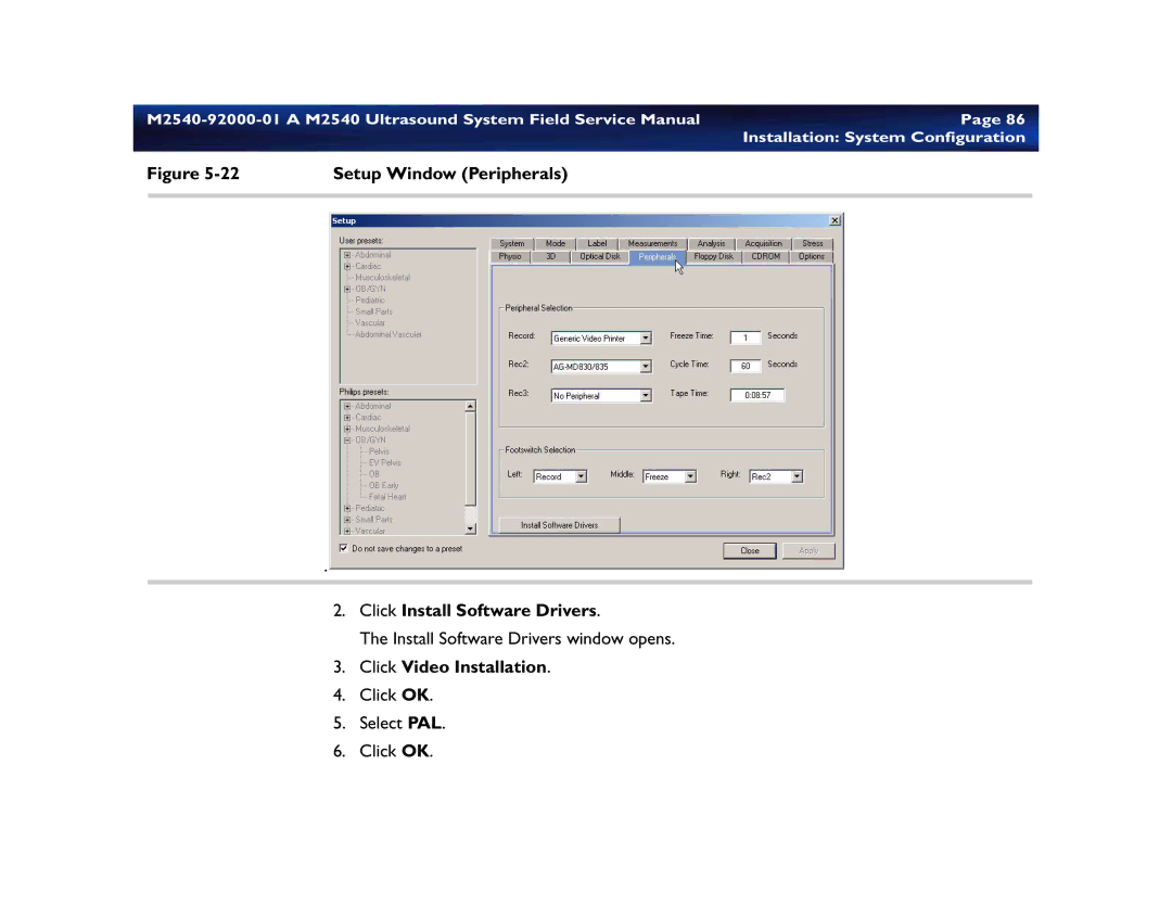 Philips M2540 service manual Setup Window Peripherals, Click Install Software Drivers, Click Video Installation 