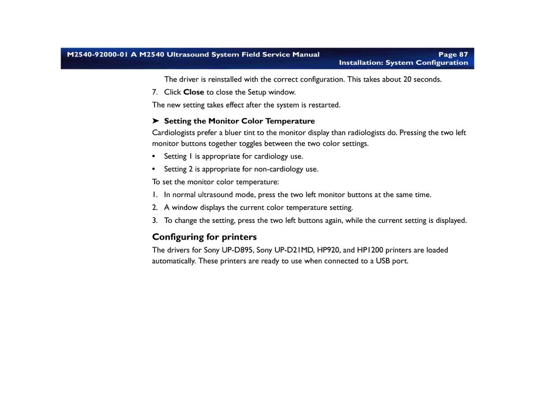 Philips M2540 service manual Configuring for printers, Setting the Monitor Color Temperature 