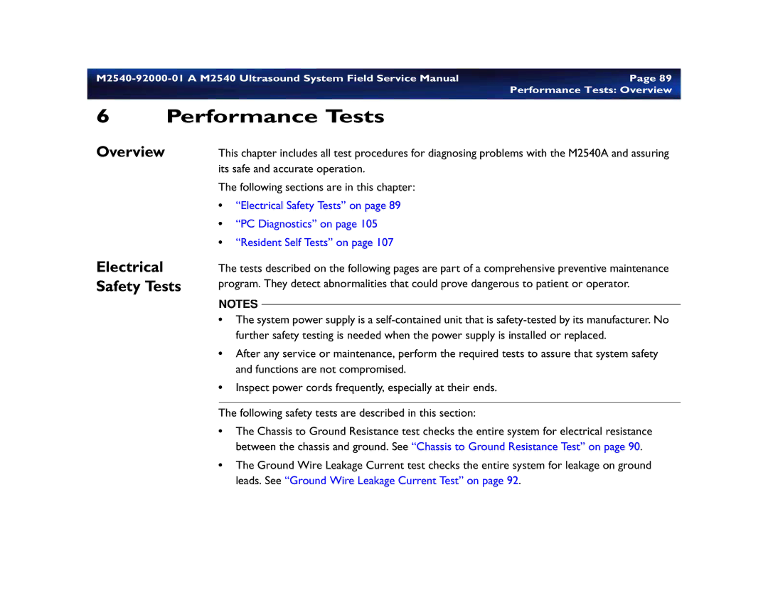 Philips M2540 service manual Performance Tests, Electrical Safety Tests 