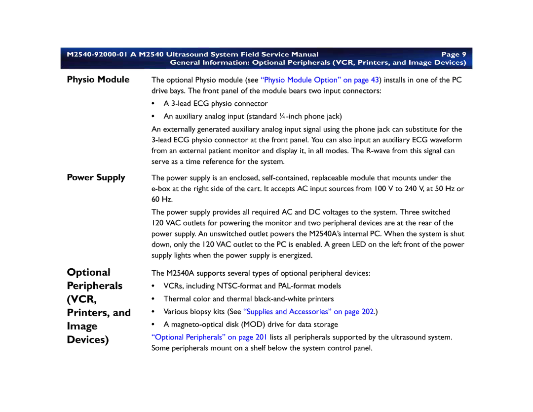 Philips M2540 service manual Optional Peripherals VCR, Printers, and Image Devices, Physio Module Power Supply 