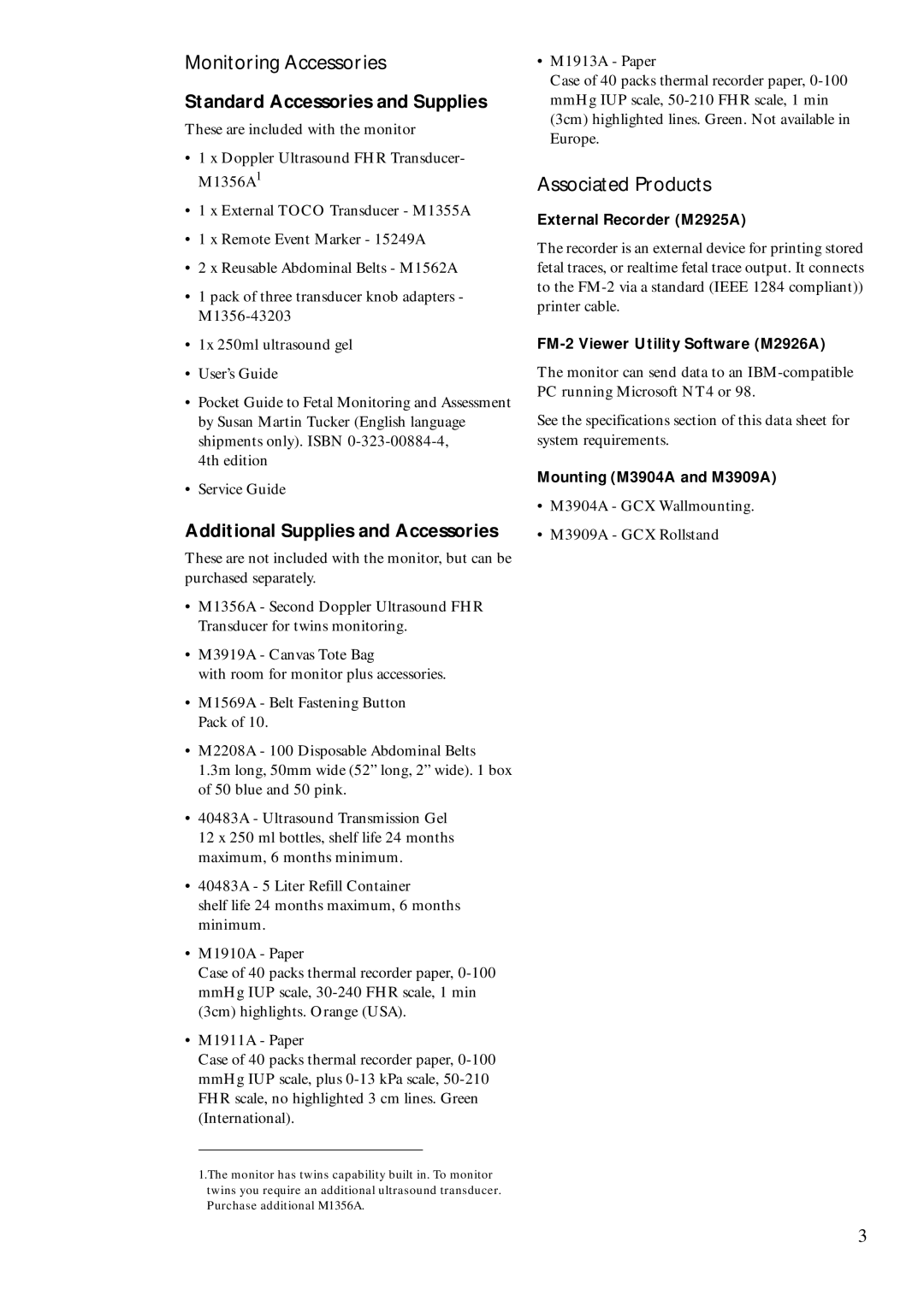 Philips M2922A, M2926A, M2925A manual Monitoring Accessories, Associated Products, Standard Accessories and Supplies 