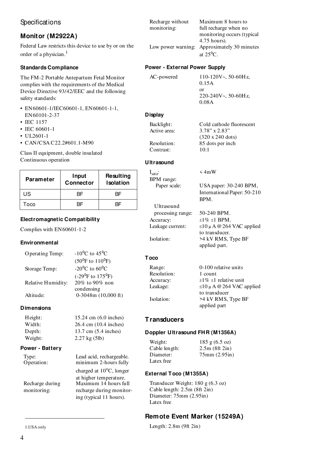 Philips M2926A, M2925A manual Specifications, Monitor M2922A, Transducers, Remote Event Marker 15249A 