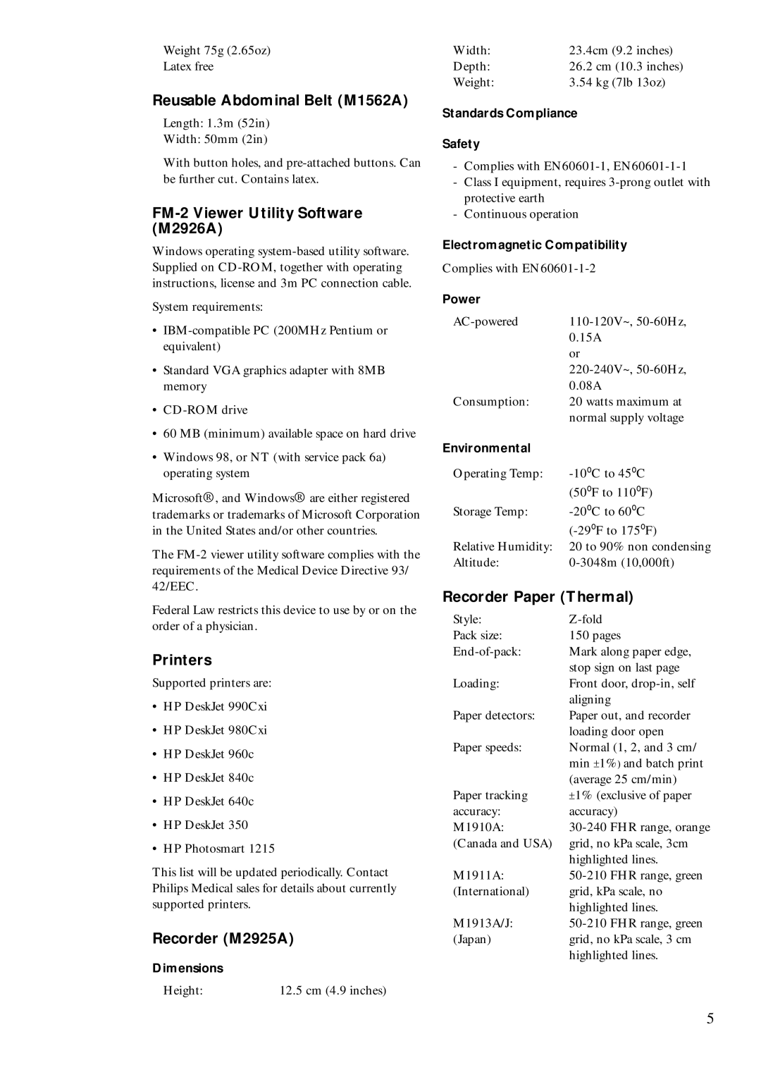 Philips M2922A manual Reusable Abdominal Belt M1562A, FM-2 Viewer Utility Software M2926A, Printers, Recorder M2925A 