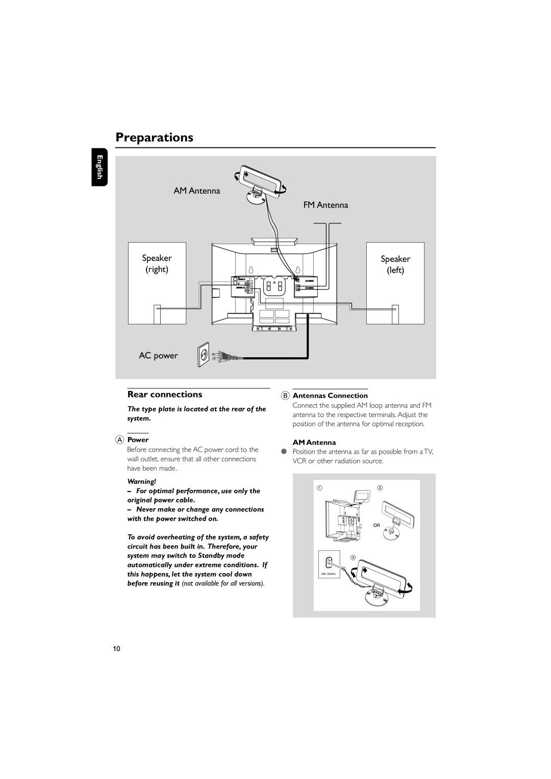 Philips M298 owner manual Preparations, Rear connections, Power Antennas Connection, AM Antenna 