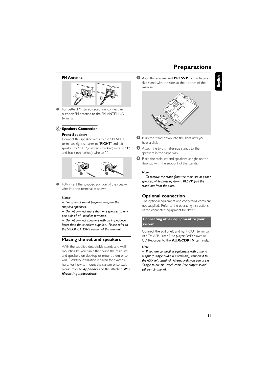 Philips M298 owner manual Placing the set and speakers, Optional connection, FM Antenna, Speakers Connection Front Speakers 