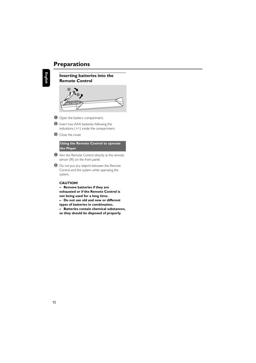 Philips M298 owner manual Inserting batteries into the Remote Control, Open the battery compartment, Close the cover 