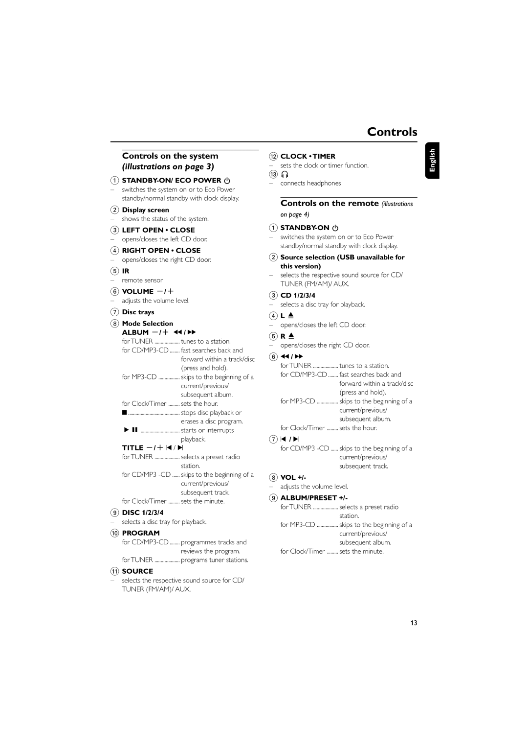 Philips M298 owner manual Controls on the system, Controls on the remote illustrations 