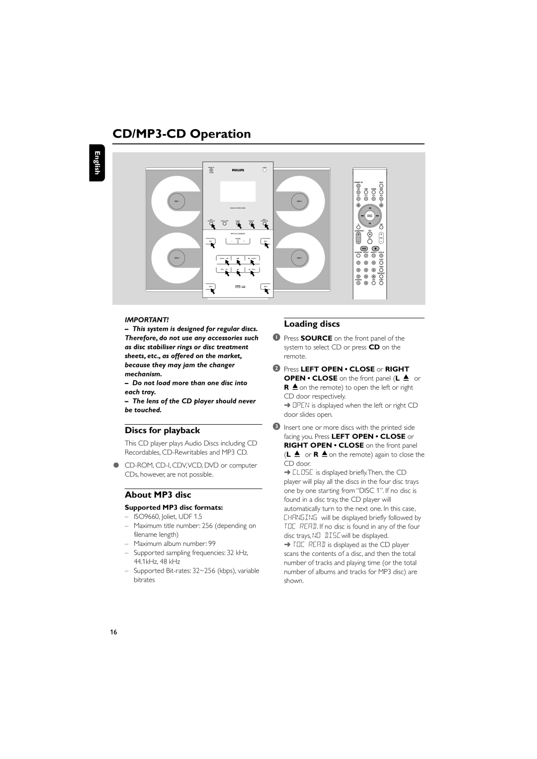 Philips M298 owner manual CD/MP3-CD Operation, Discs for playback, About MP3 disc, Loading discs 