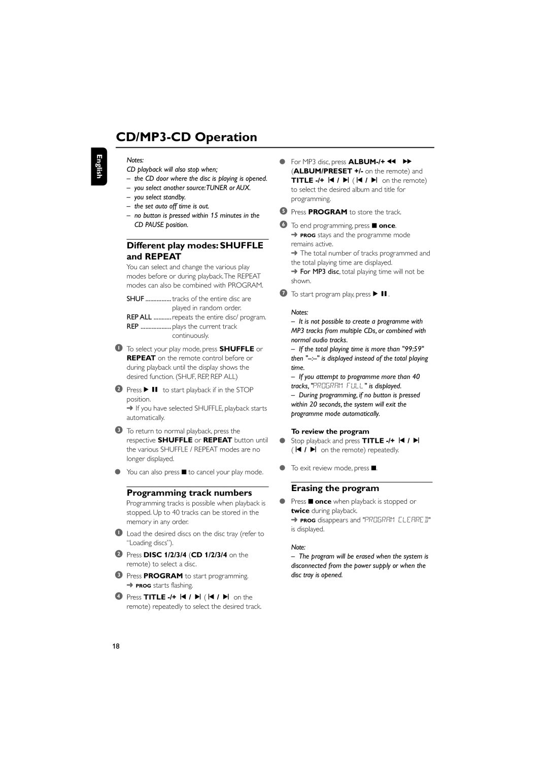 Philips M298 owner manual Different play modes Shuffle and Repeat, Erasing the program, Programming track numbers 