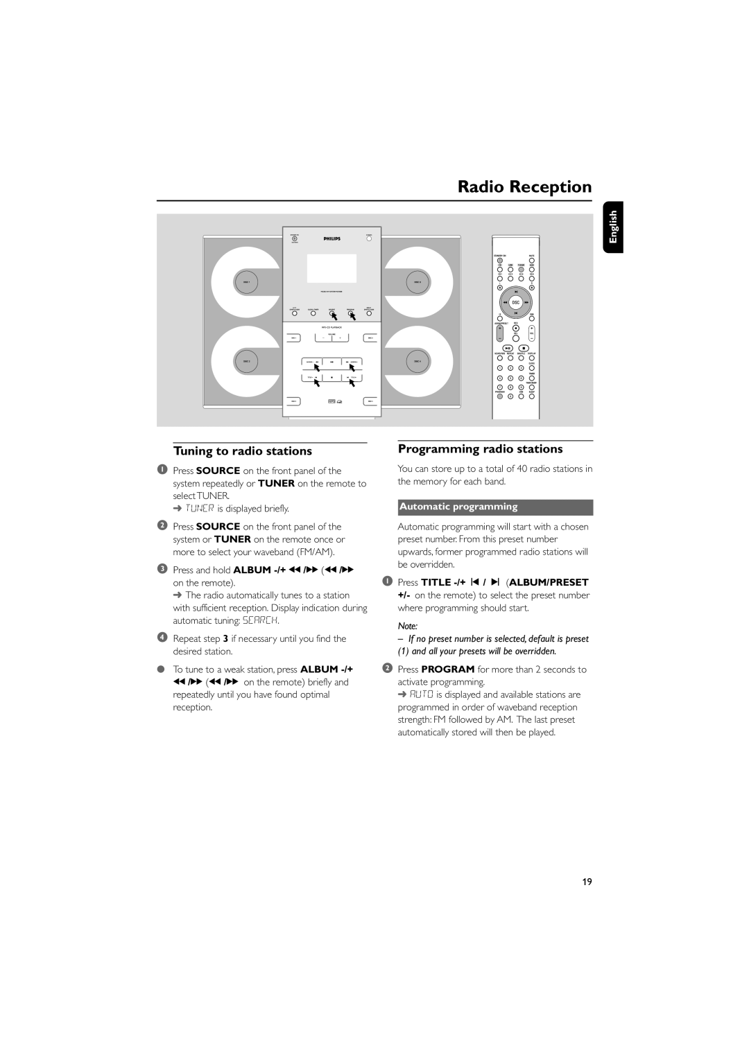 Philips M298 owner manual Radio Reception, Tuning to radio stations, Programming radio stations, Automatic programming 