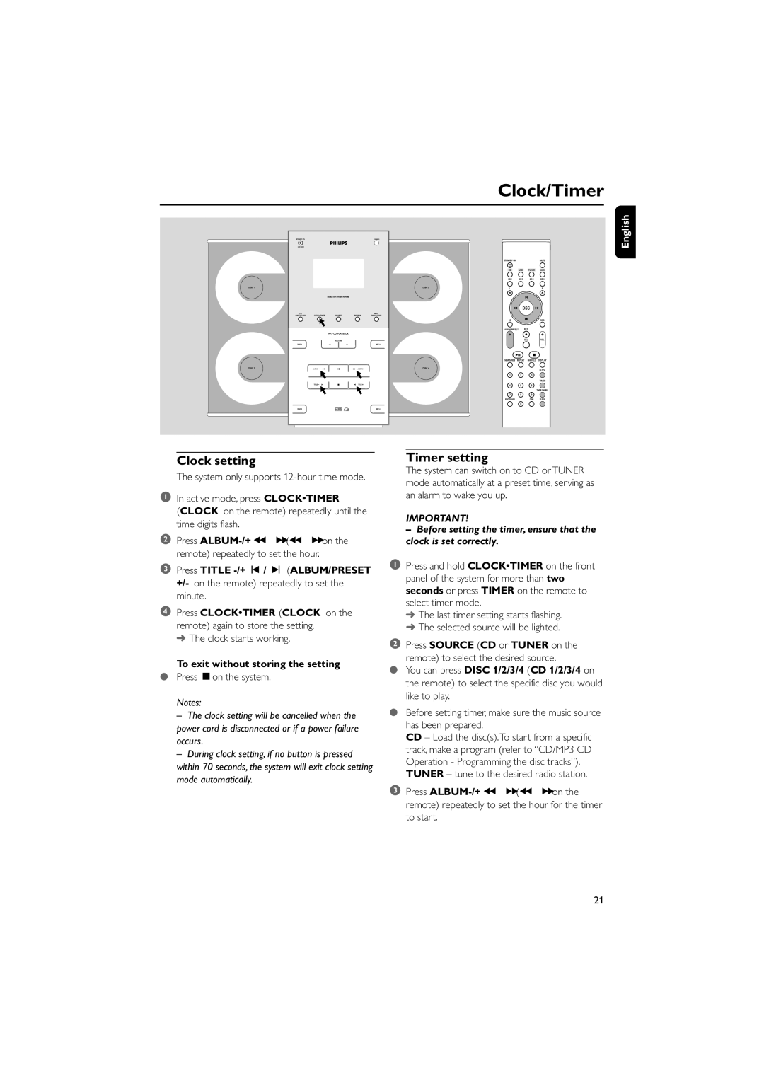 Philips M298 owner manual Clock/Timer, Clock setting, Timer setting, To exit without storing the setting 