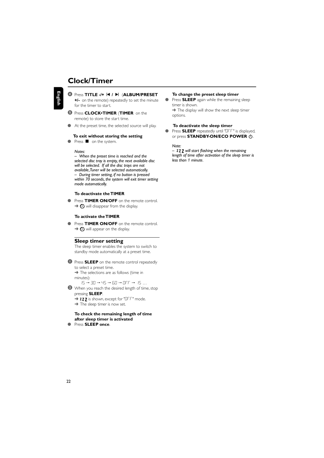 Philips M298 Sleep timer setting, To change the preset sleep timer, To deactivate the sleep timer, To deactivate the Timer 