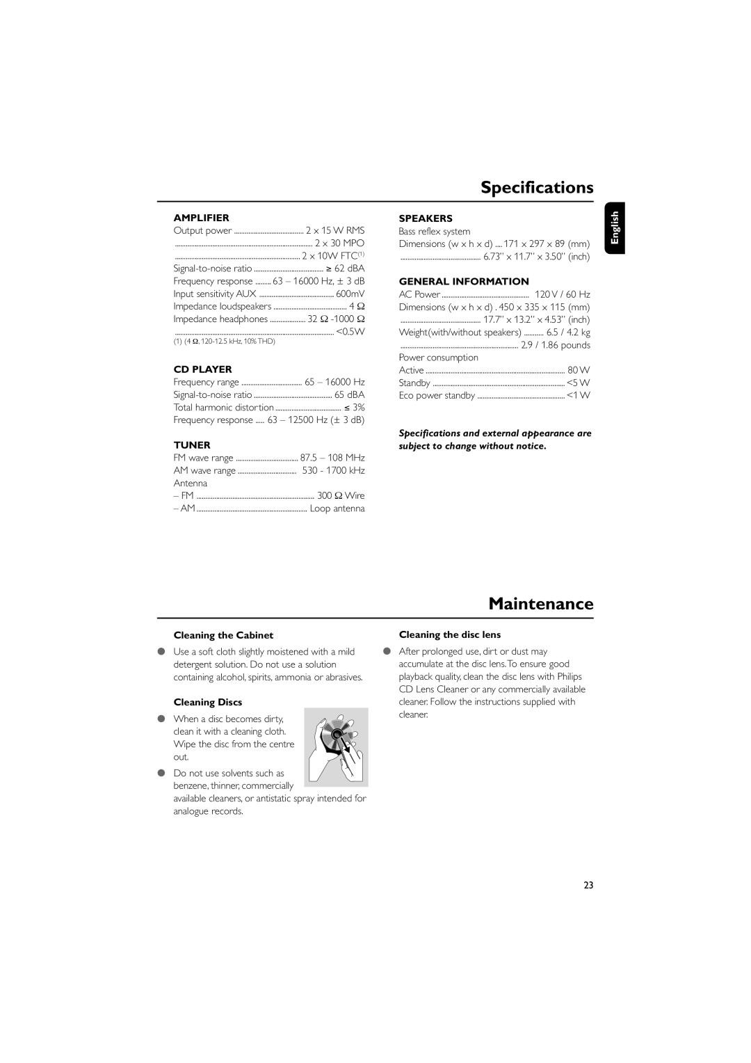 Philips M298 owner manual Specifications, Cleaning the Cabinet Cleaning the disc lens, Cleaning Discs 