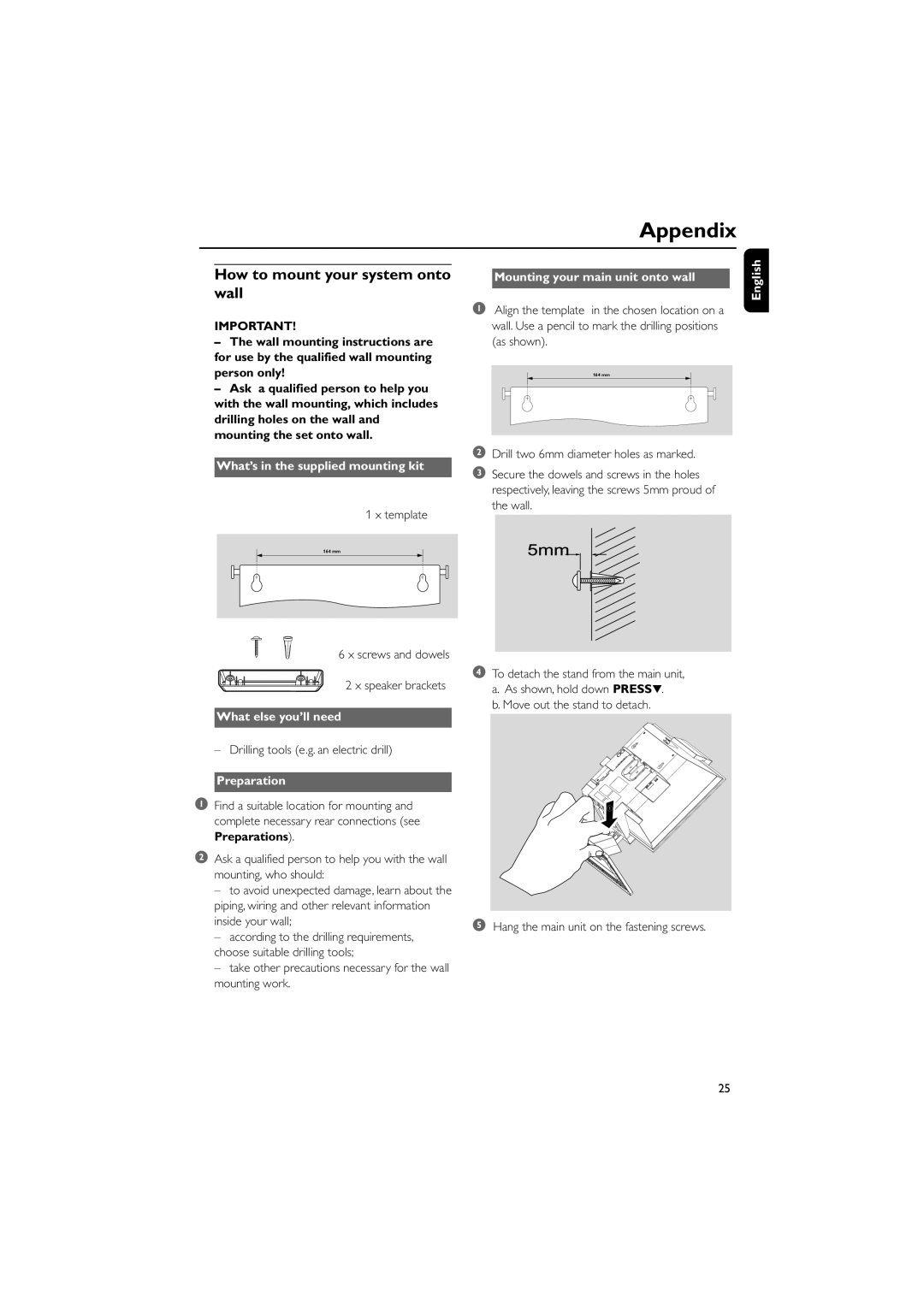 Philips M298 owner manual Appendix, How to mount your system onto wall 