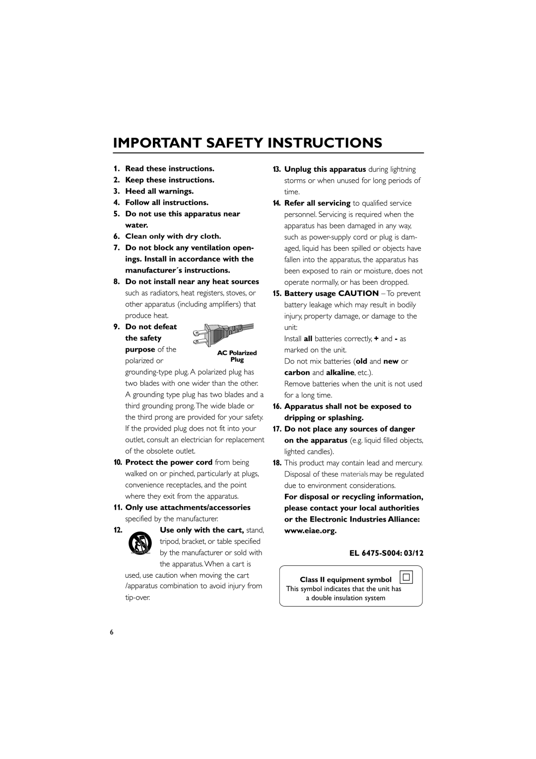 Philips M298 owner manual Clean only with dry cloth, Materials, Class II equipment symbol 