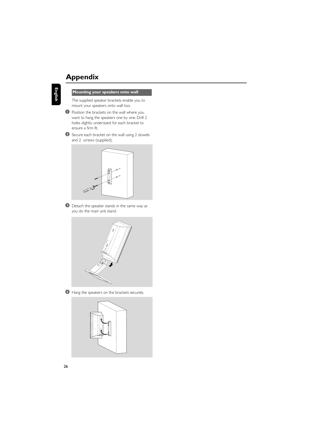 Philips M298 owner manual Appendix, English, Mounting your speakers onto wall 