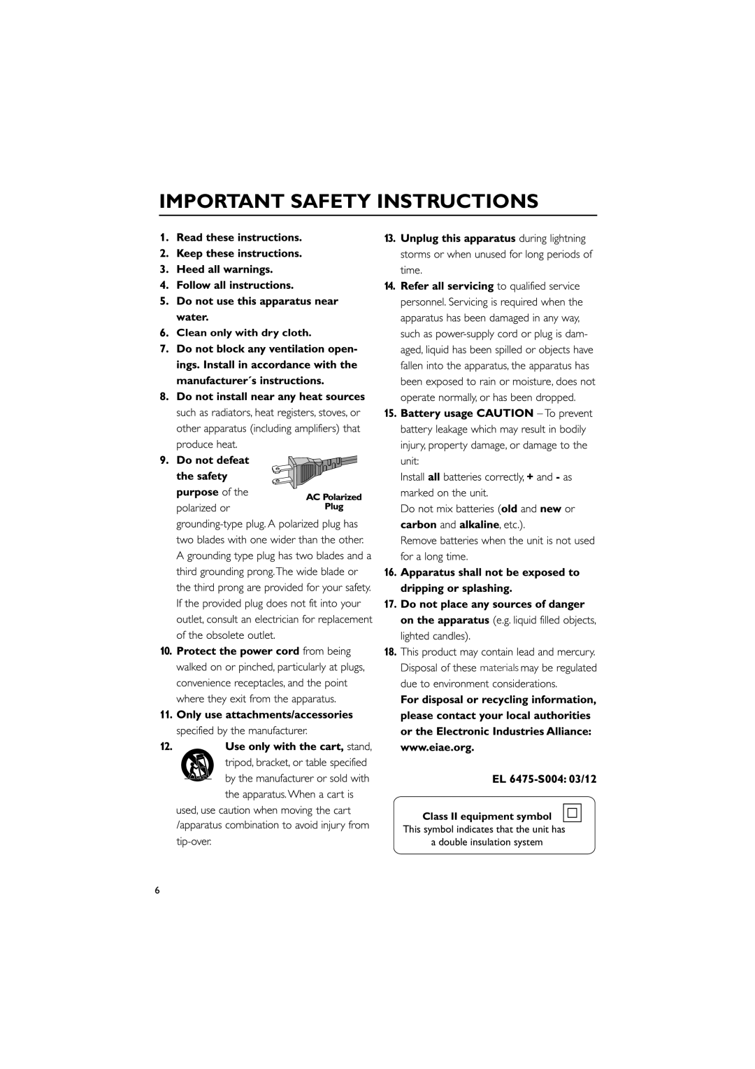 Philips M298 owner manual Important Safety Instructions, Clean only with dry cloth, Class II equipment symbol 