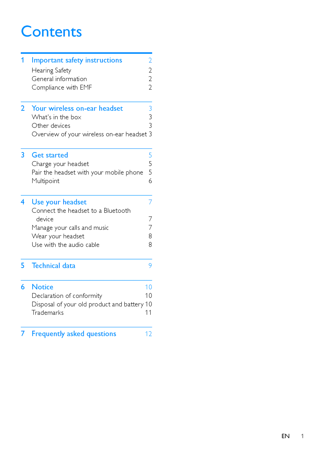 Philips M2BT user manual Contents 