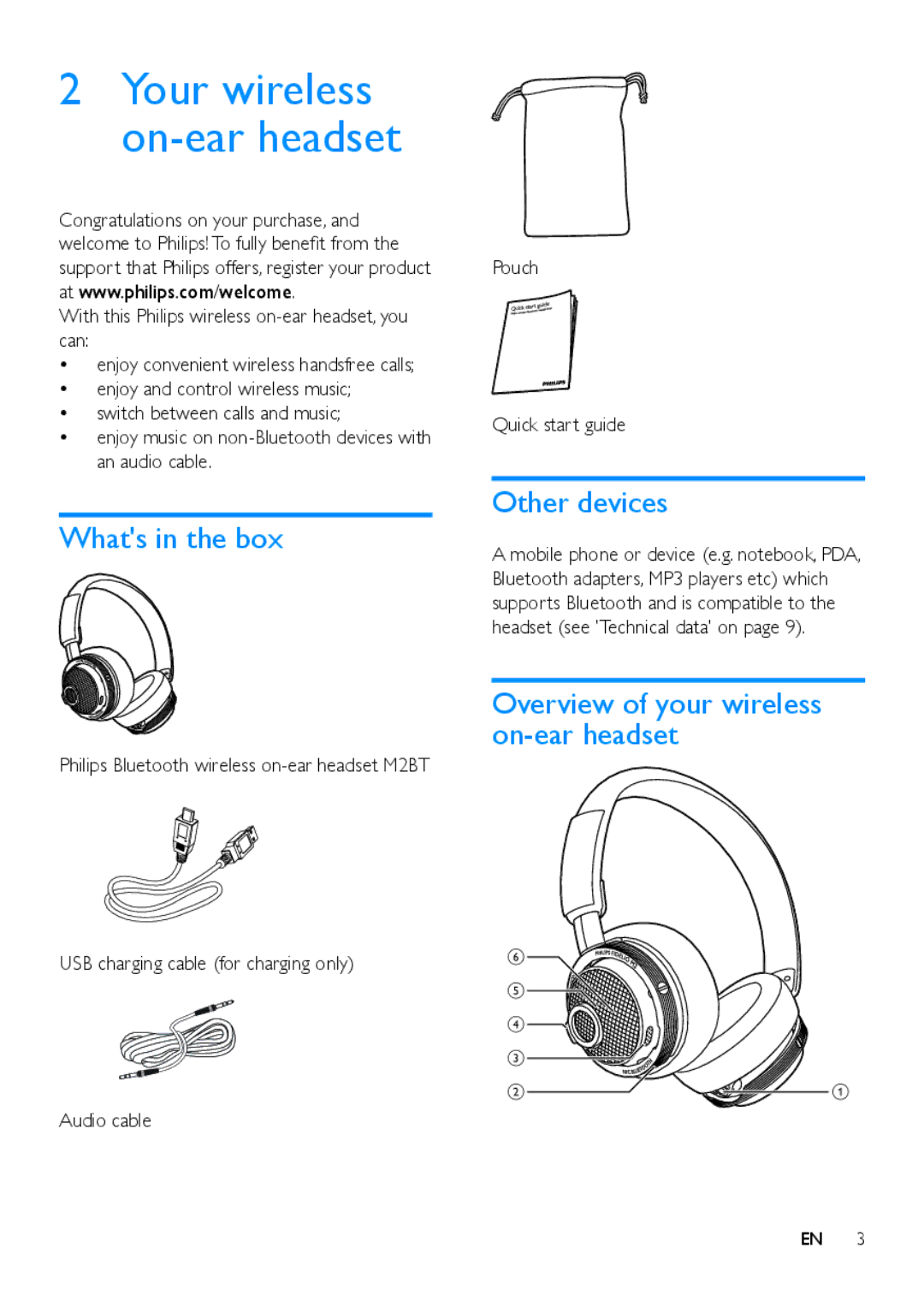 Philips M2BT user manual Whats in the box, Other devices, Overview of your wireless on-ear headset 