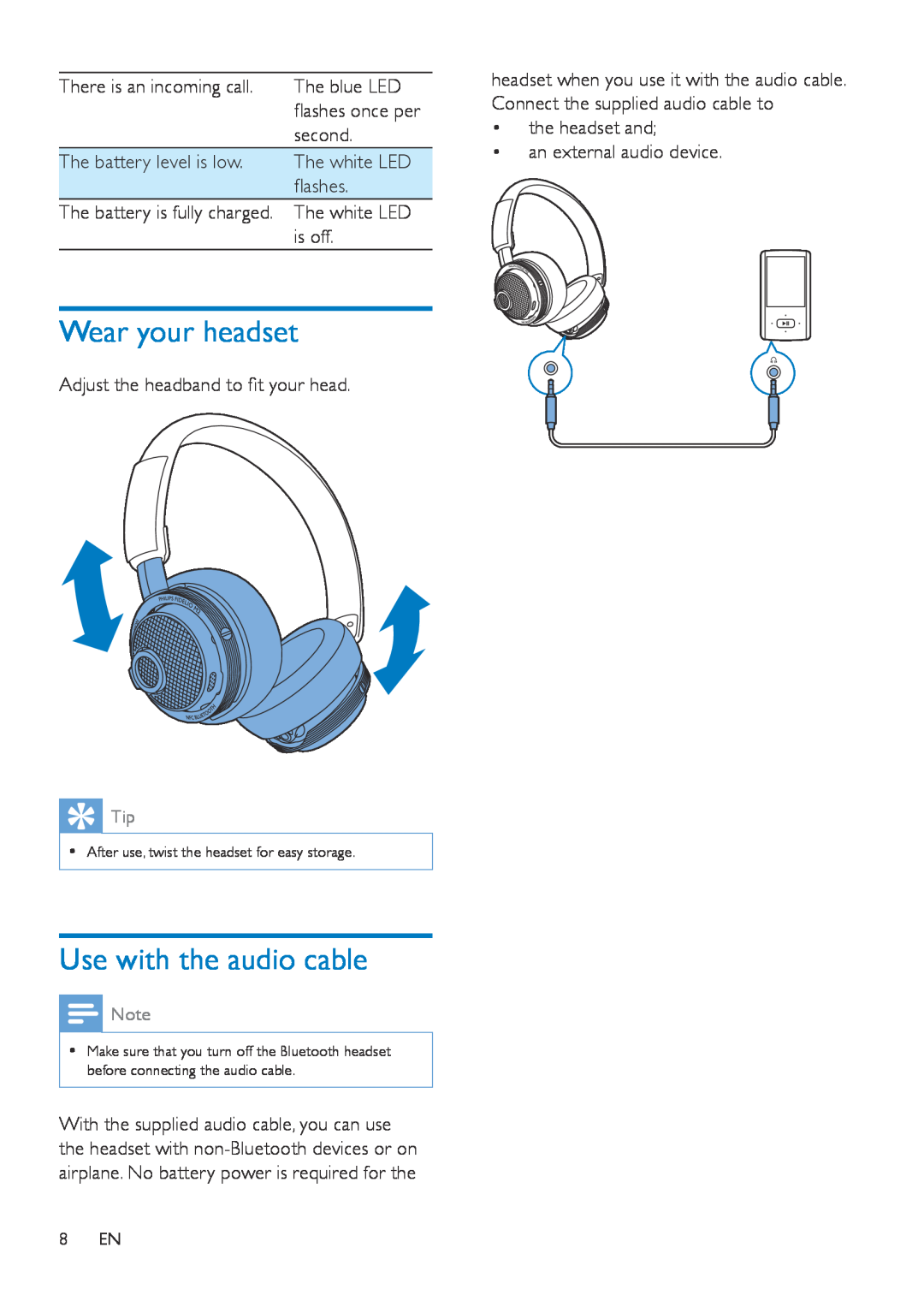 Philips M2BT user manual Wear your headset, Use with the audio cable 