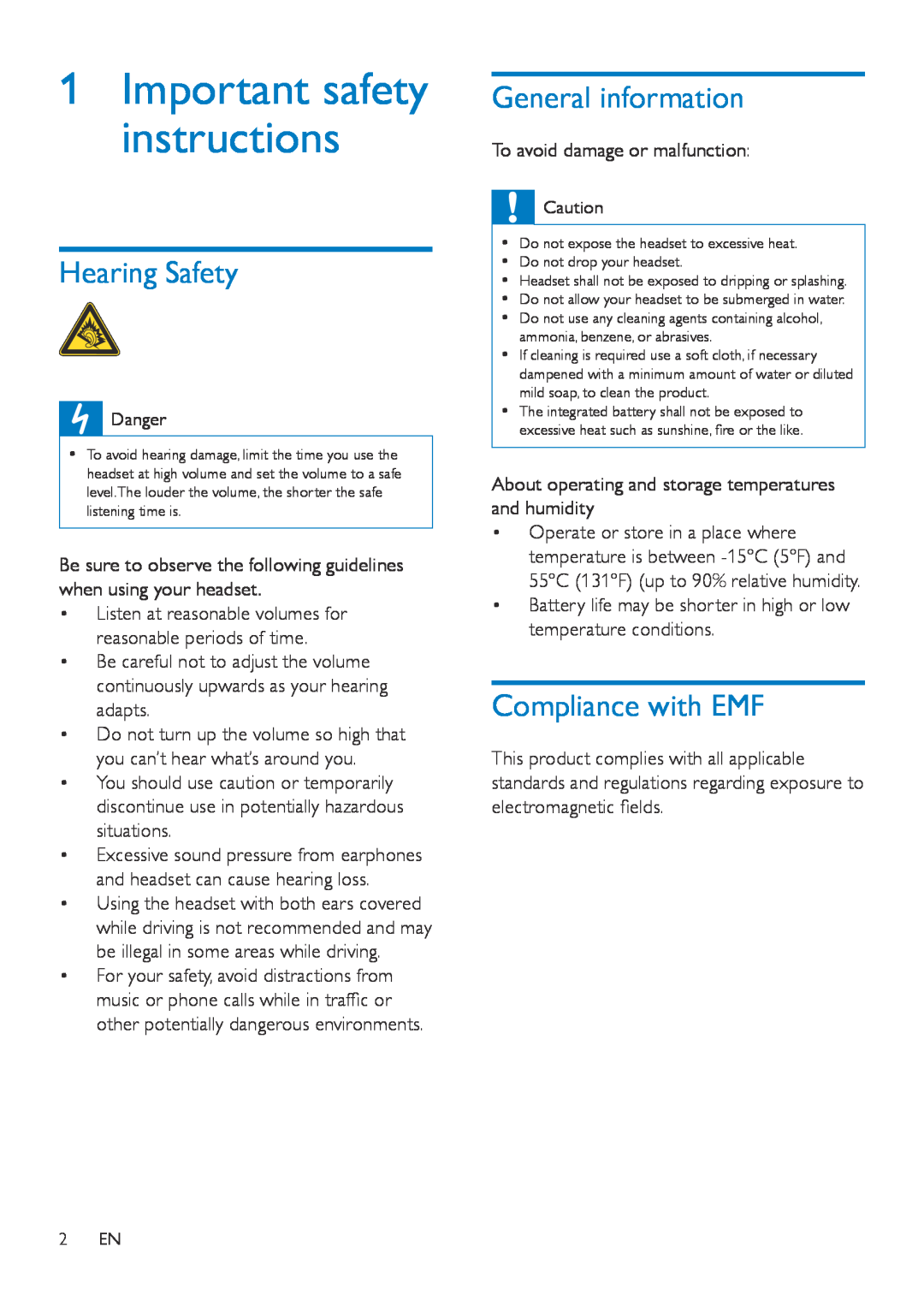 Philips M2BT user manual 1Important safety instructions, Hearing Safety, General information, Compliance with EMF 