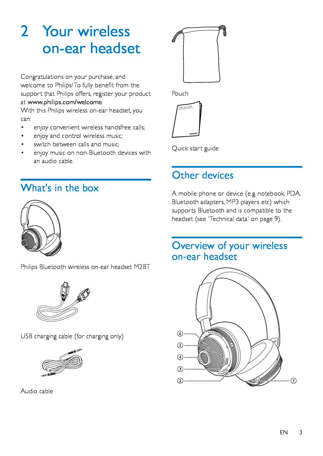 Philips M2BT 2Your wireless on-earheadset, Whats in the box, Other devices, Overview of your wireless on-earheadset 