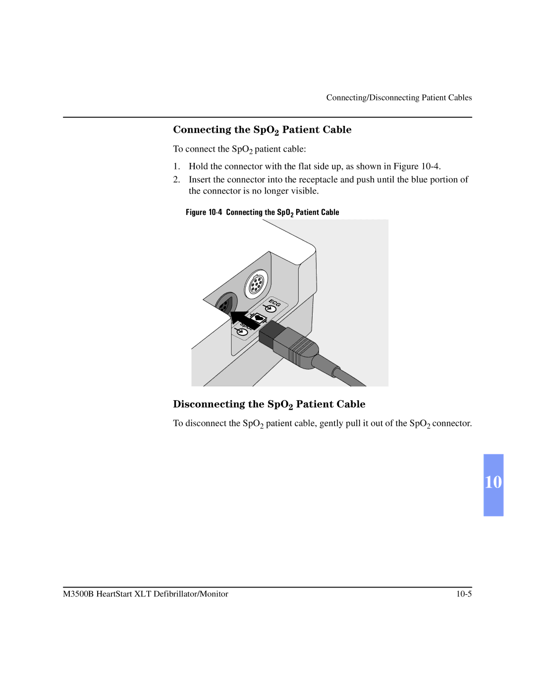 Philips M3500B manual Connecting the SpO2 Patient Cable, Disconnecting the SpO2 Patient Cable 