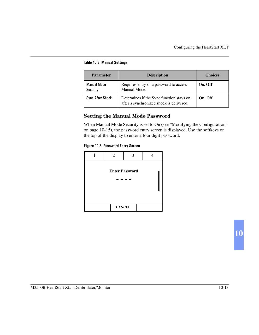 Philips M3500B manual Setting the Manual Mode Password, Manual Settings, Parameter Description Choices 