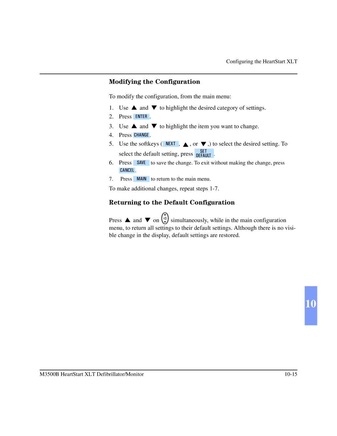 Philips M3500B manual Modifying the Configuration, Returning to the Default Configuration 