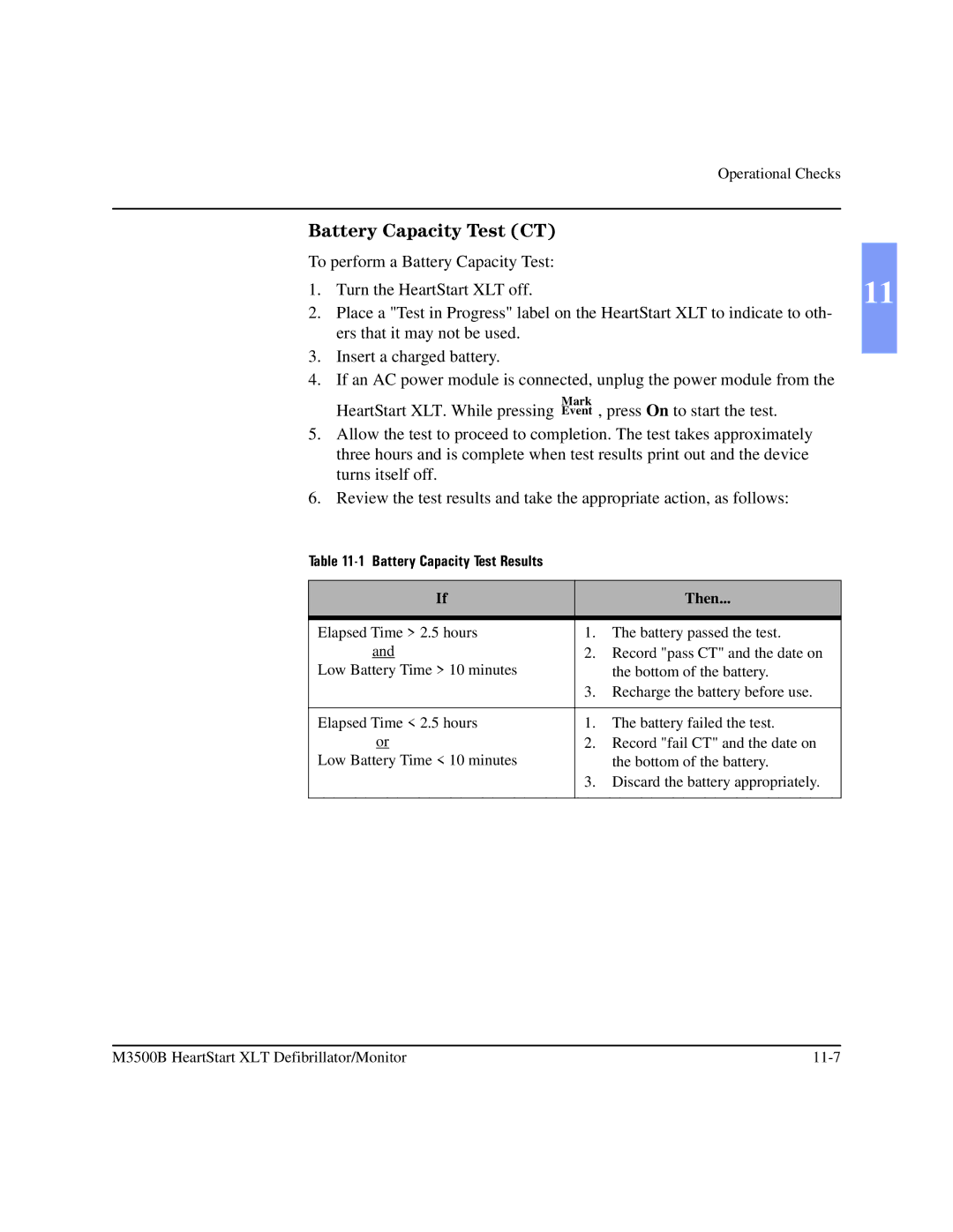 Philips M3500B manual Battery Capacity Test CT, Battery Capacity Test Results 