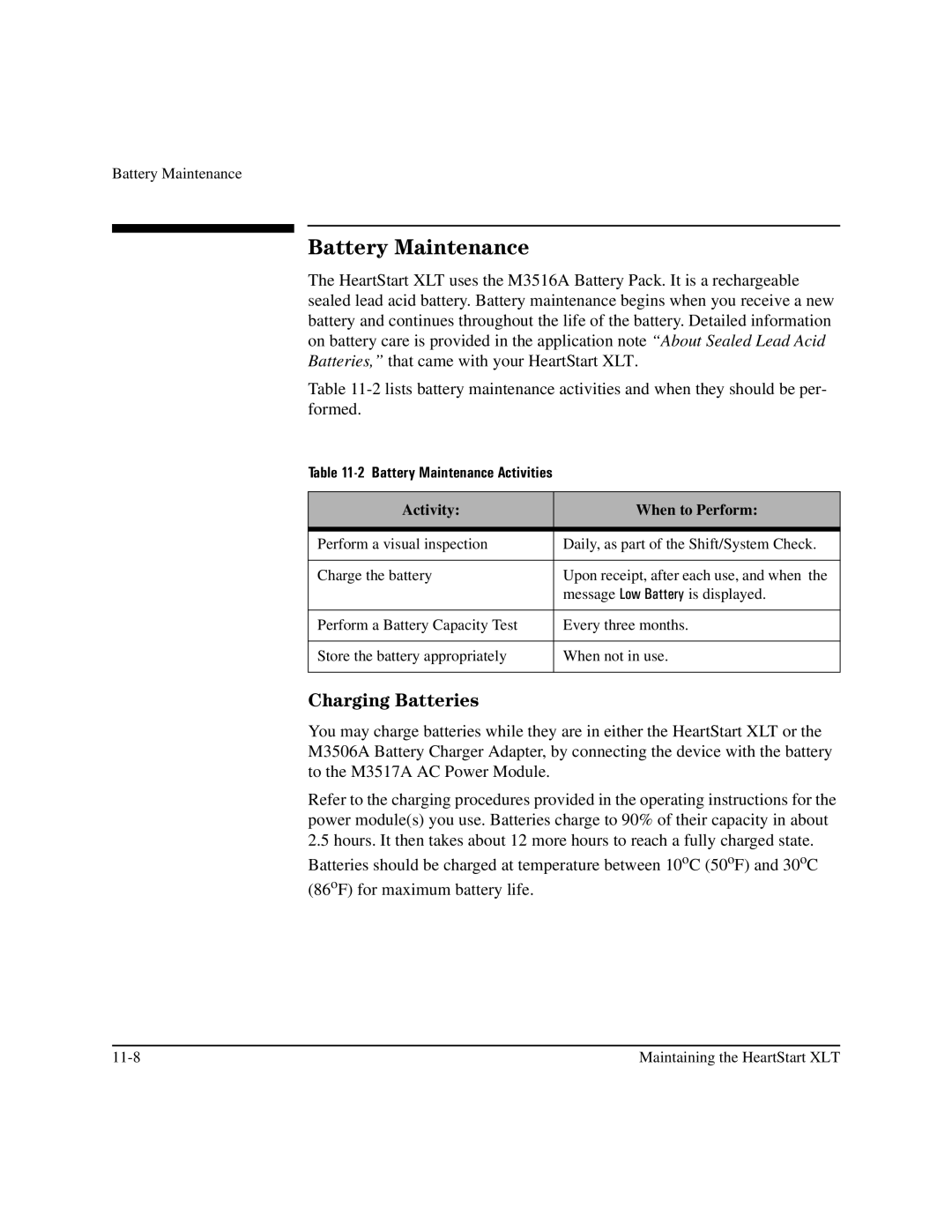 Philips M3500B manual Charging Batteries, Battery Maintenance Activities, Activity When to Perform 