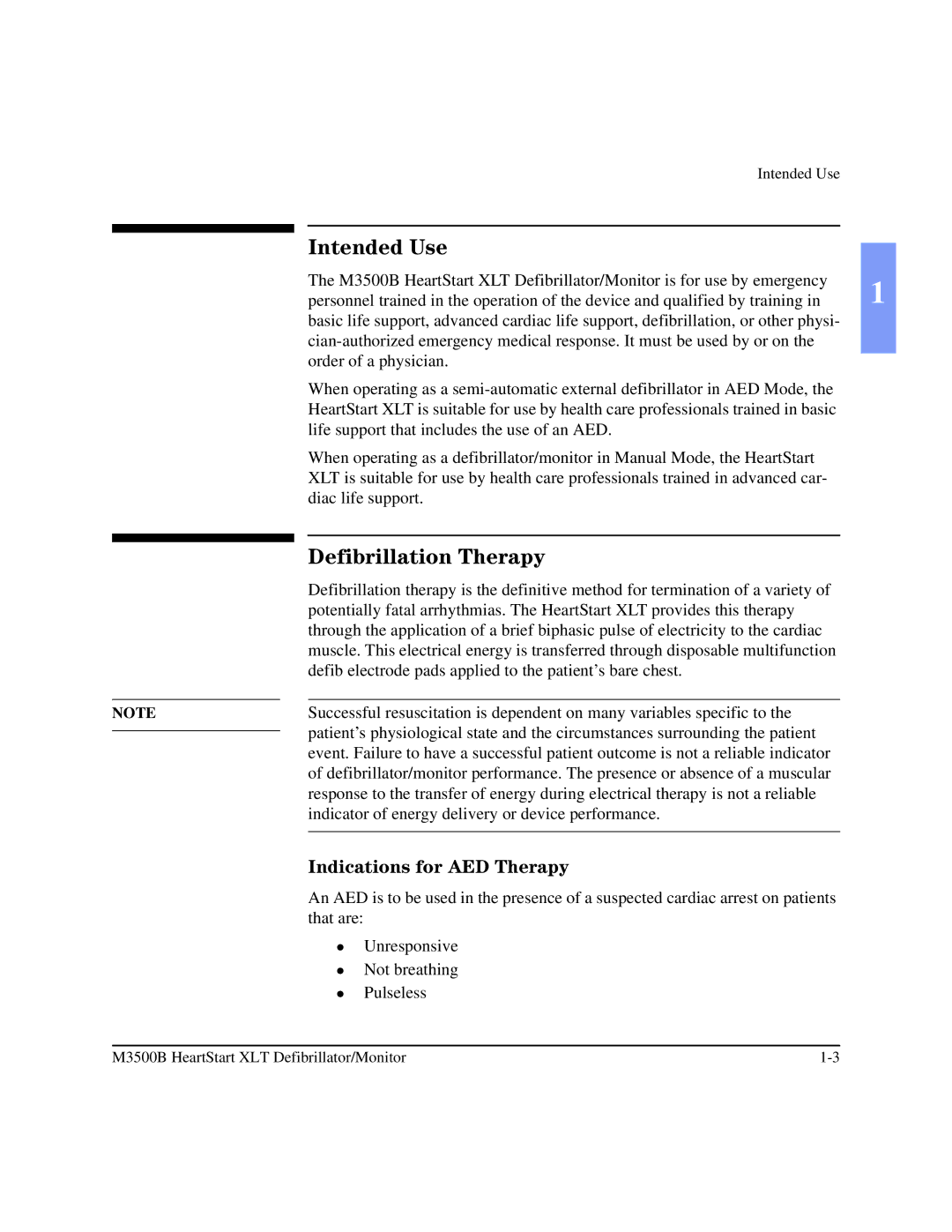 Philips M3500B manual Intended Use, Defibrillation Therapy, Indications for AED Therapy 